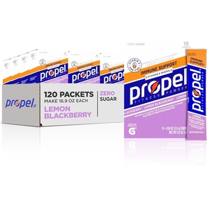 image:imagePropel Electrolyte Enhanced Water Drink Mix Powder Packets Kiwi Strawberry Zero Calorie amp 0 Sugar Hydration with Electrolytes and Vitamins C amp E 120 PacketsLemon Blackberry Immune