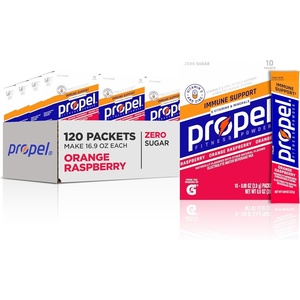 image:imagePropel Electrolyte Enhanced Water Drink Mix Powder Packets Kiwi Strawberry Zero Calorie amp 0 Sugar Hydration with Electrolytes and Vitamins C amp E 120 PacketsOrange Raspberry Immune