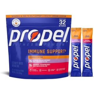 image:imagePropel Immune Support Electrolyte Powder 2 Flavor Variety 32 Servings  100 DV Vitamin C Good Source of Zinc Zero Sugar No Added Colors No Artificial Flavors Enhanced Water BeverageImmune Support Variety