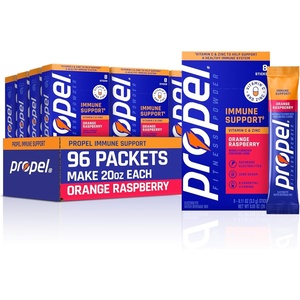 image:imagePropel Immune Support Electrolyte Powder 2 Flavor Variety 32 Servings  100 DV Vitamin C Good Source of Zinc Zero Sugar No Added Colors No Artificial Flavors Enhanced Water BeverageOrange Raspberry